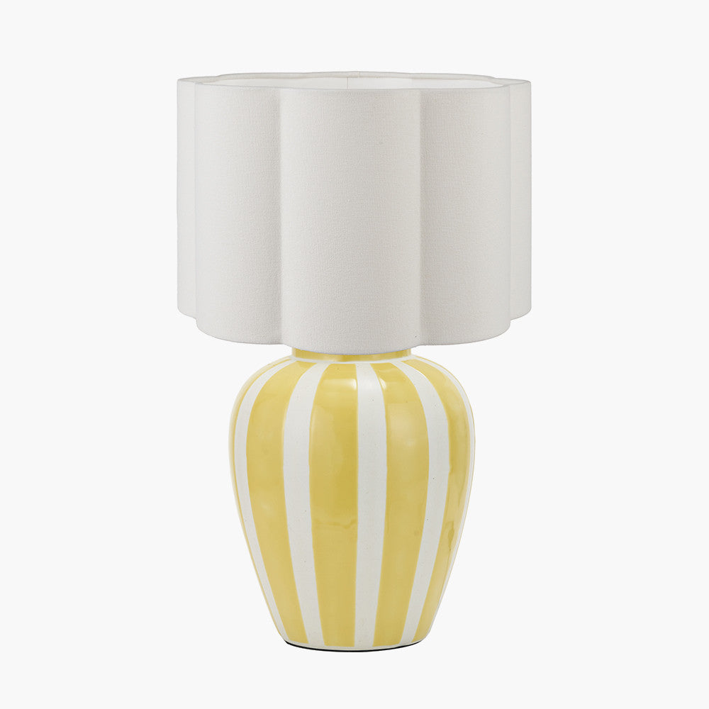 Priscilla Yellow Striped Ceramic Table Lamp Base with Bloom 30cm White Handloom Scalloped Cylinder Lampshade