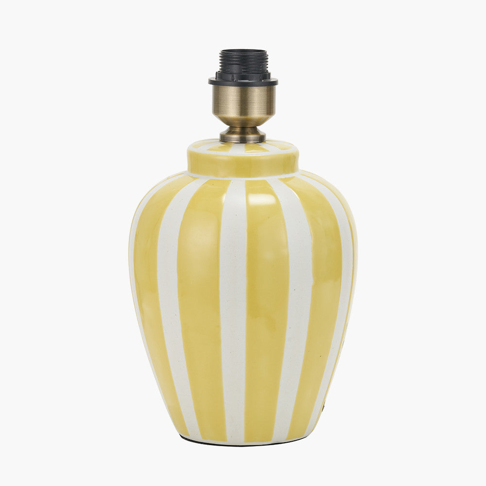 Priscilla Yellow Striped Ceramic Table Lamp Base with Bloom 30cm White Handloom Scalloped Cylinder Lampshade