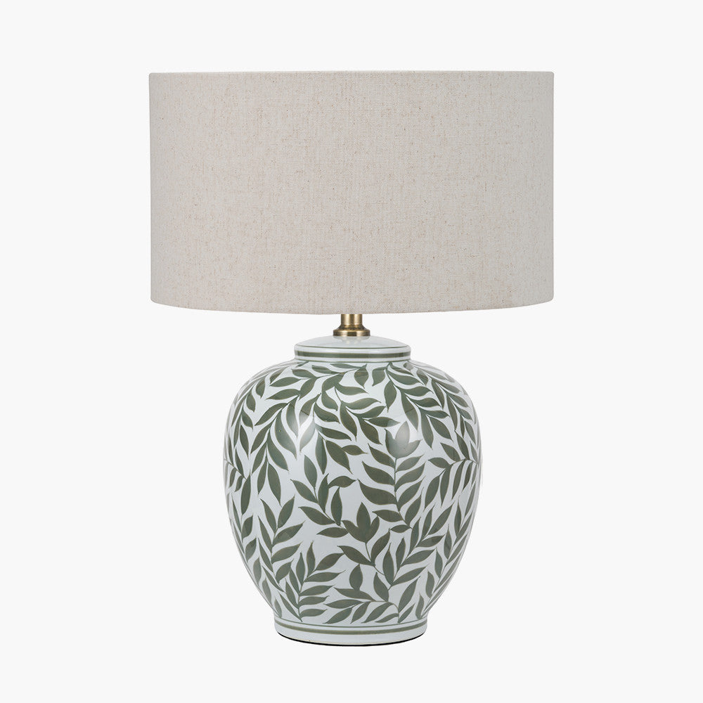 Laurel Olive Leaf Ceramic Table Lamp Base with Quinn 40cm Slubby Hopsack Cylinder Lampshade