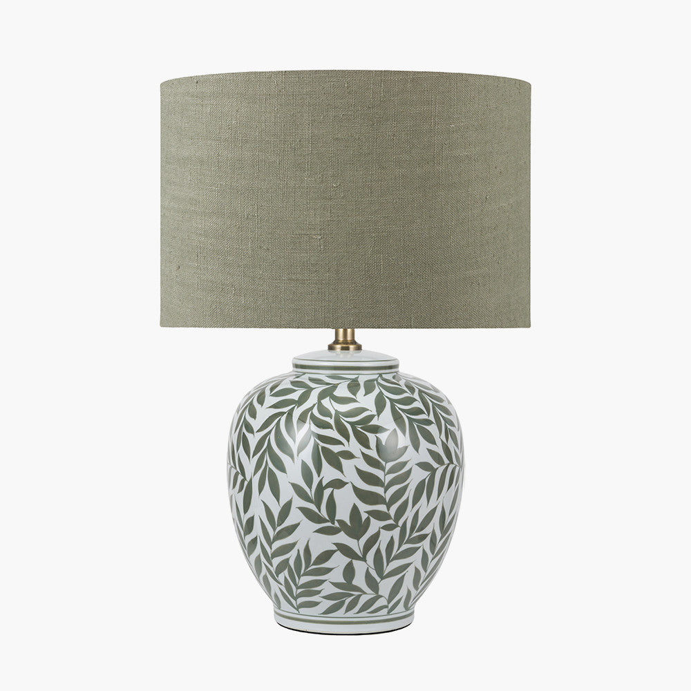 Laurel Olive Leaf Ceramic Table Lamp Base with Edward 40cm Pistachio Green Linen Cylinder Lampshade