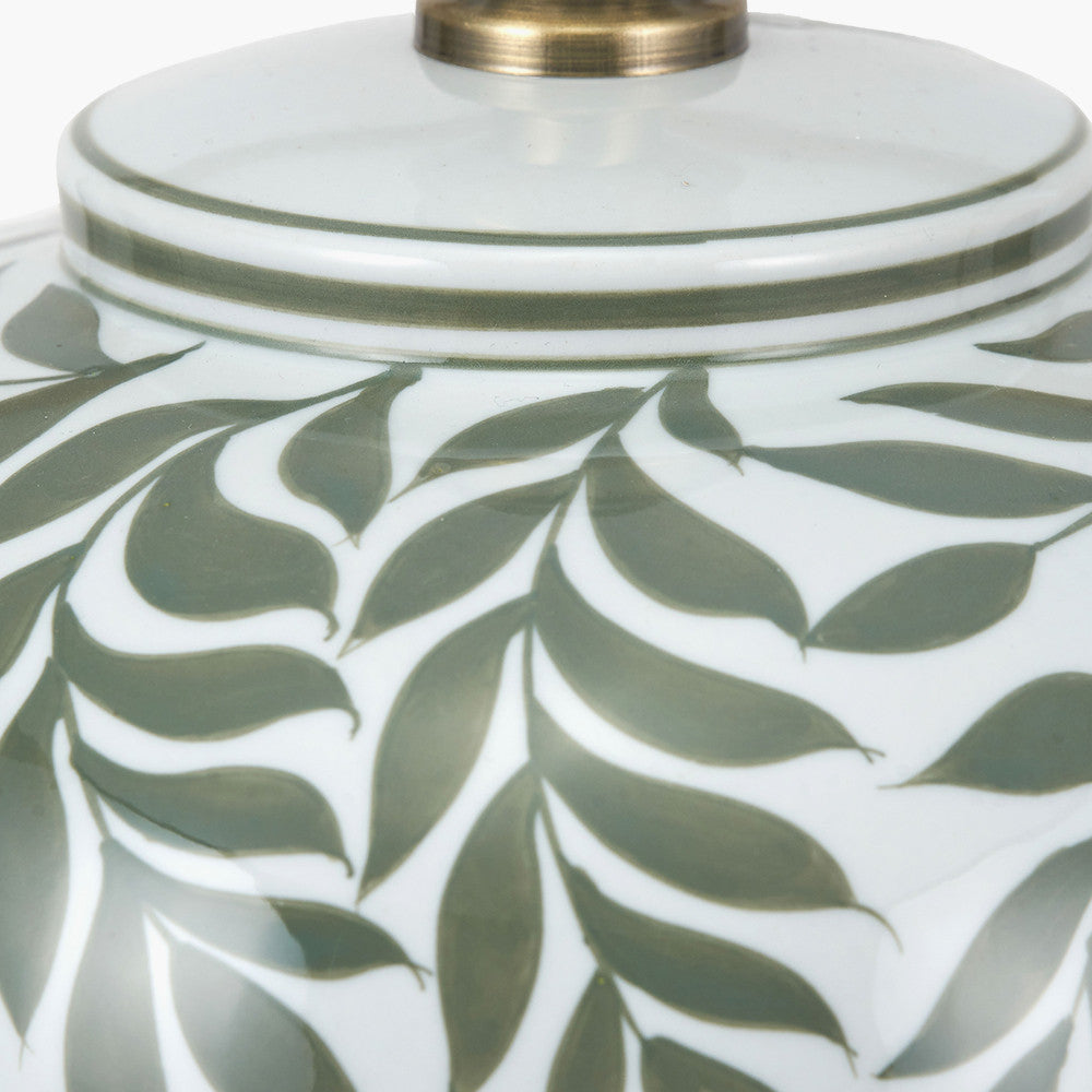 Laurel Olive Leaf Ceramic Table Lamp Base with Edward 40cm Pistachio Green Linen Cylinder Lampshade