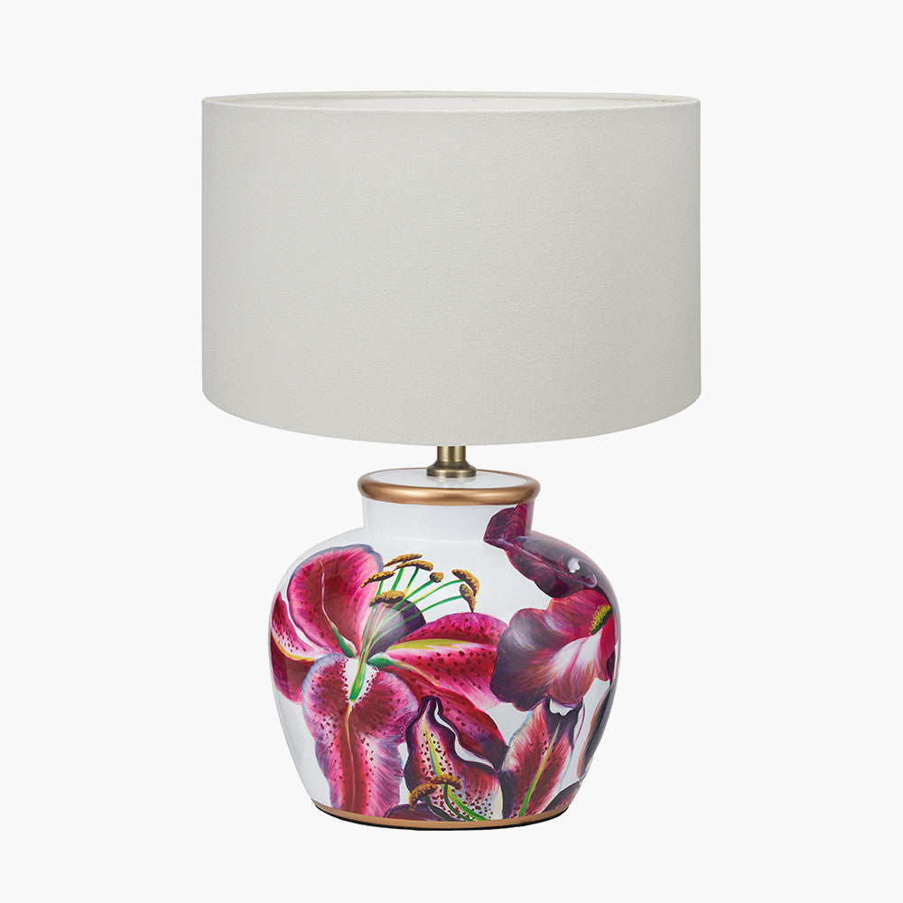 Laelia Pink Lily Ceramic Urn Table Lamp Base with Henry 40cm White Handloom Cylinder Lampshade