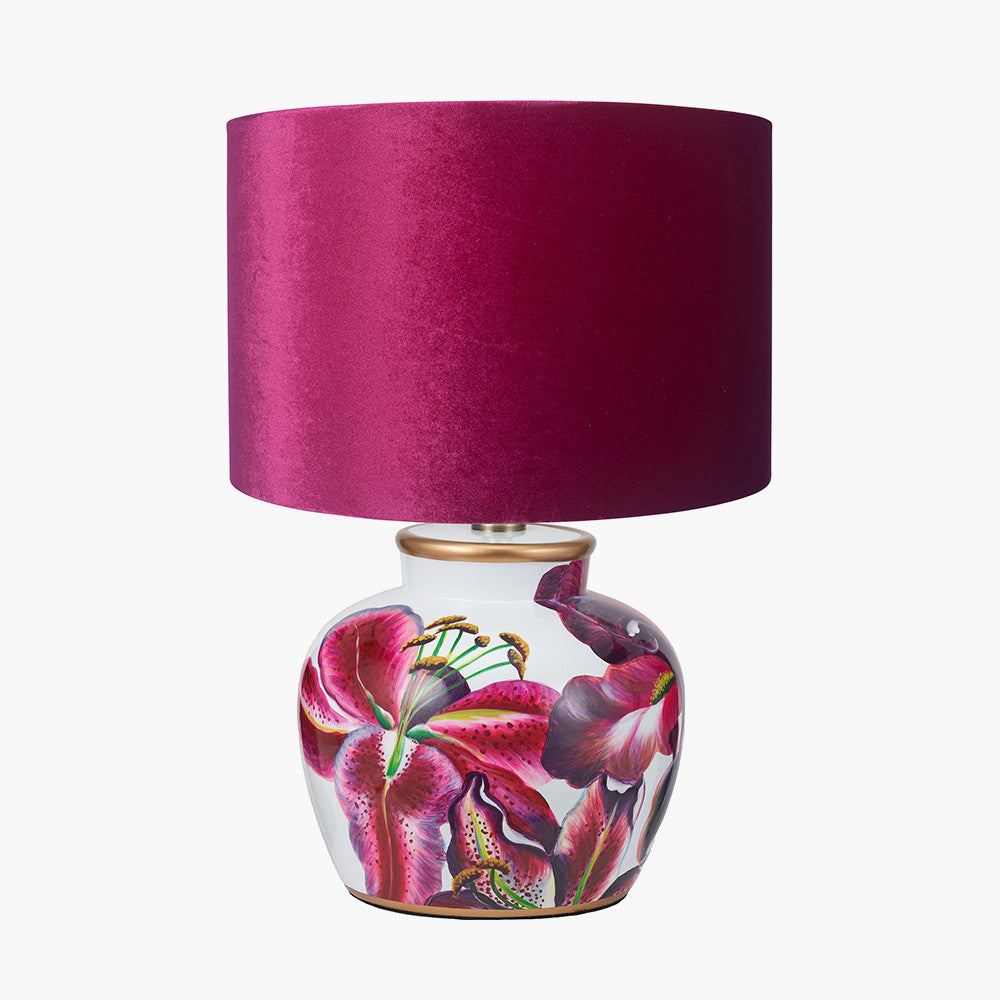 Laelia Pink Lily Ceramic Urn Table Lamp Base with Bow 40cm Raspberry Velvet Cylinder Lampshade