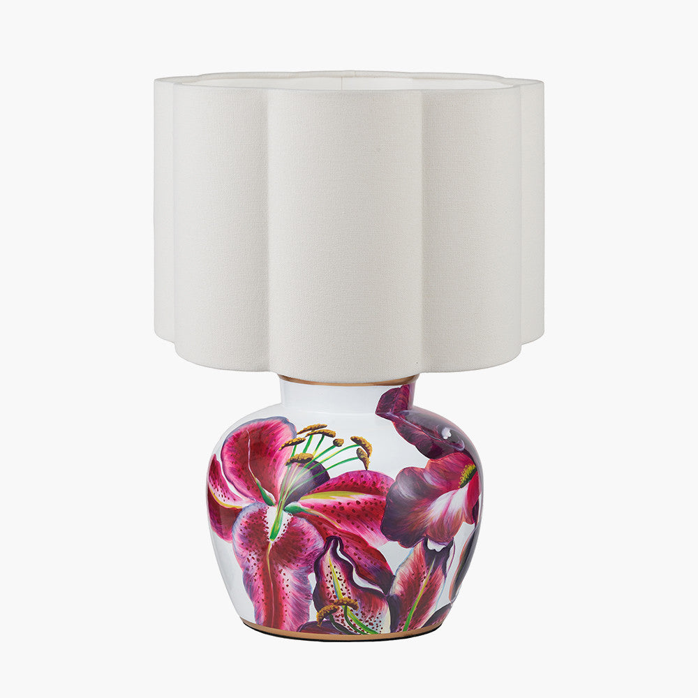 Laelia Pink Lily Ceramic Urn Table Lamp Base with Bloom 40cm White Handloom Scalloped Cylinder Lampshade