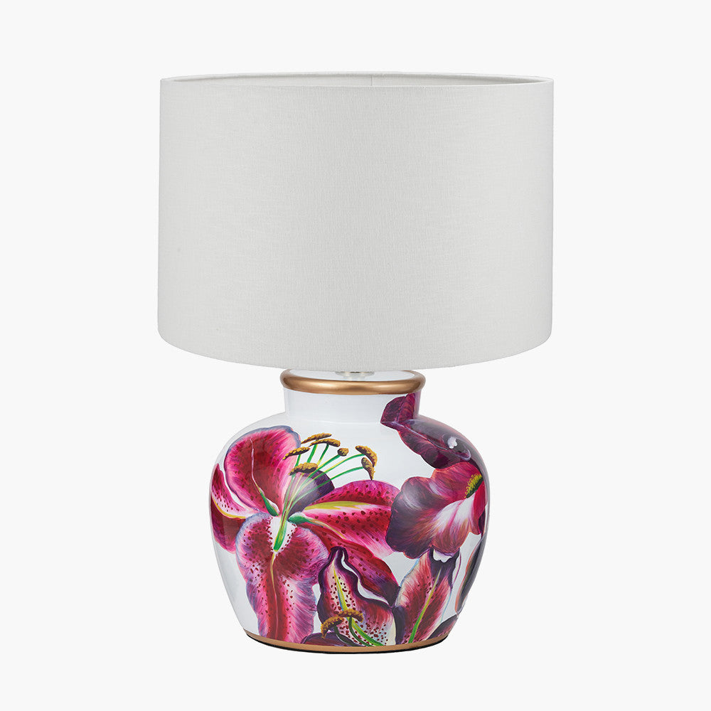 Laelia Pink Lily Ceramic Urn Table Lamp Base with Lino 40cm White Self Lined Linen Cylinder Lampshade