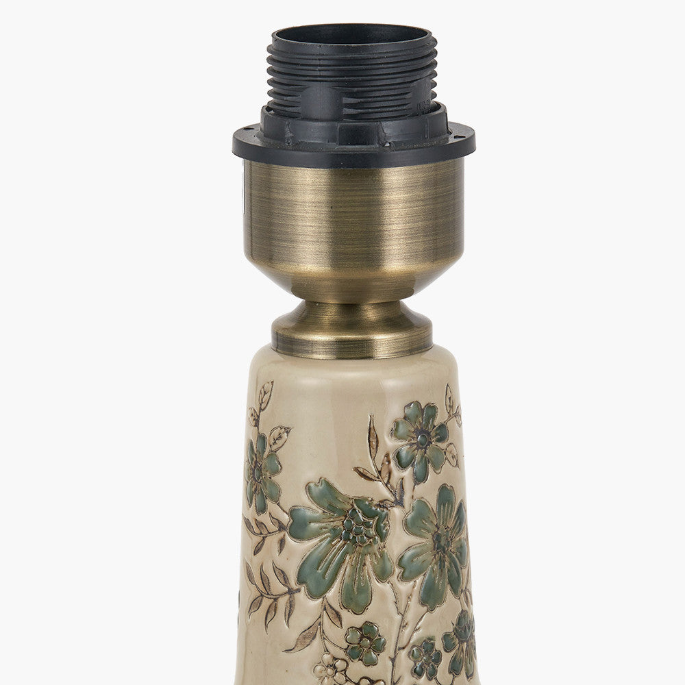 Maeve Green Floral Ceramic Table Lamp Base with Harry 30cm Taupe Cotton Mix Cylinder Lampshade