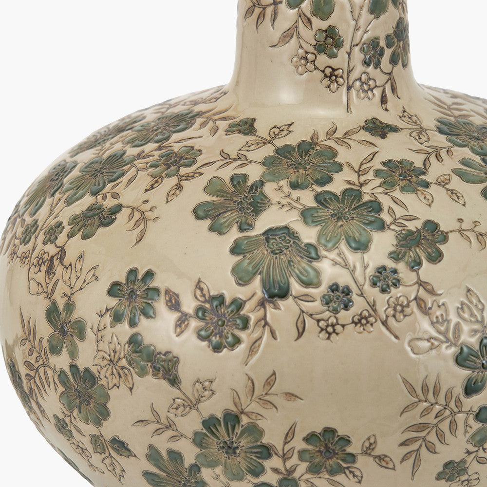 Maeve Green Floral Ceramic Table Lamp Base with Harry 30cm Taupe Cotton Mix Cylinder Lampshade