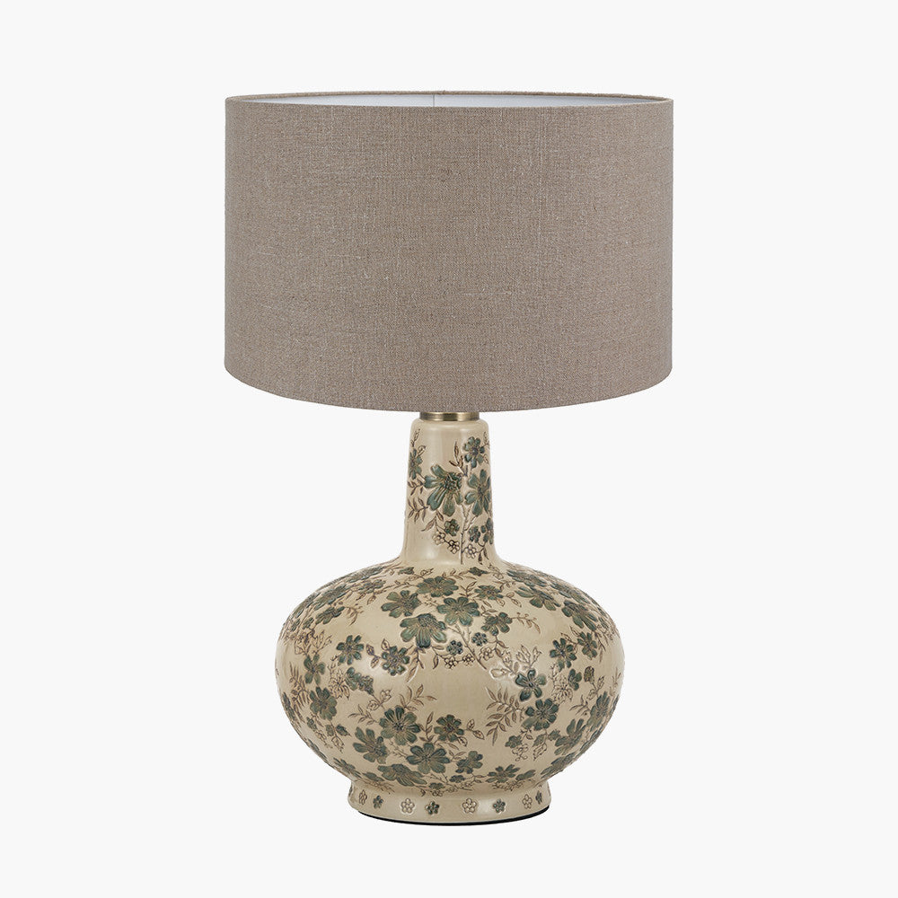 Maeve Green Floral Ceramic Table Lamp Base with Edward 30cm Natural Linen Cylinder Lampshade