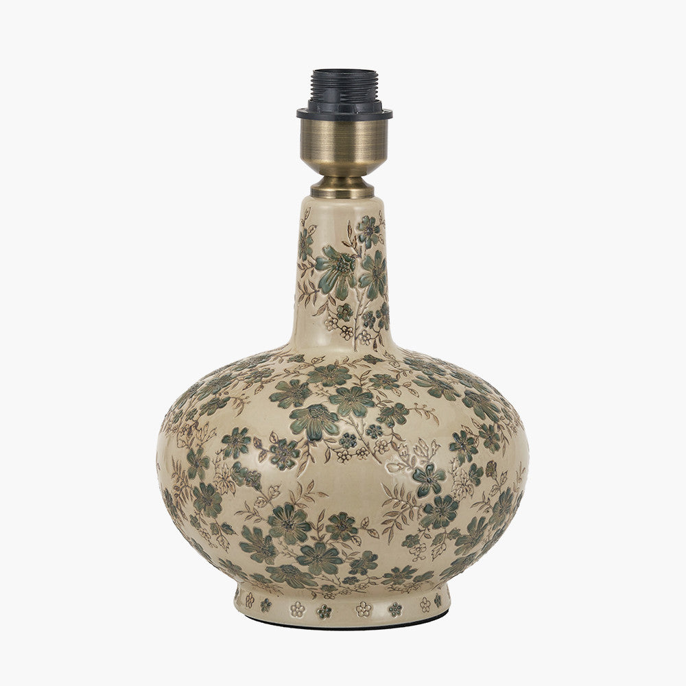 Maeve Green Floral Ceramic Table Lamp Base with Edward 30cm Natural Linen Cylinder Lampshade