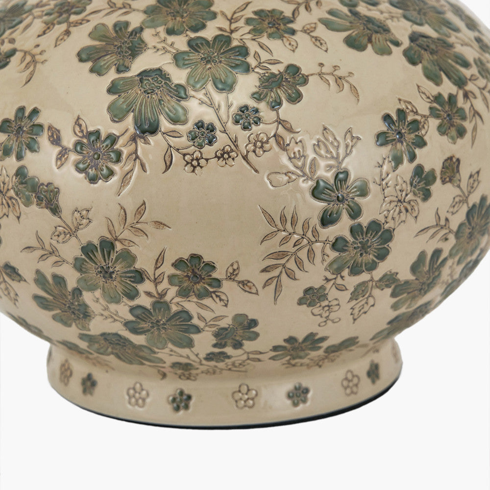 Maeve Green Floral Ceramic Table Lamp Base with Edward 30cm Natural Linen Cylinder Lampshade