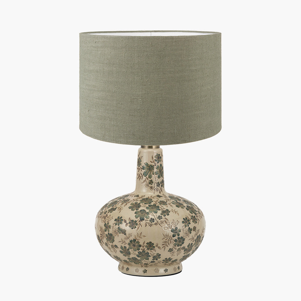 Maeve Green Floral Ceramic Table Lamp Base with Edward 30cm Pistachio Green Linen Cylinder Lampshade