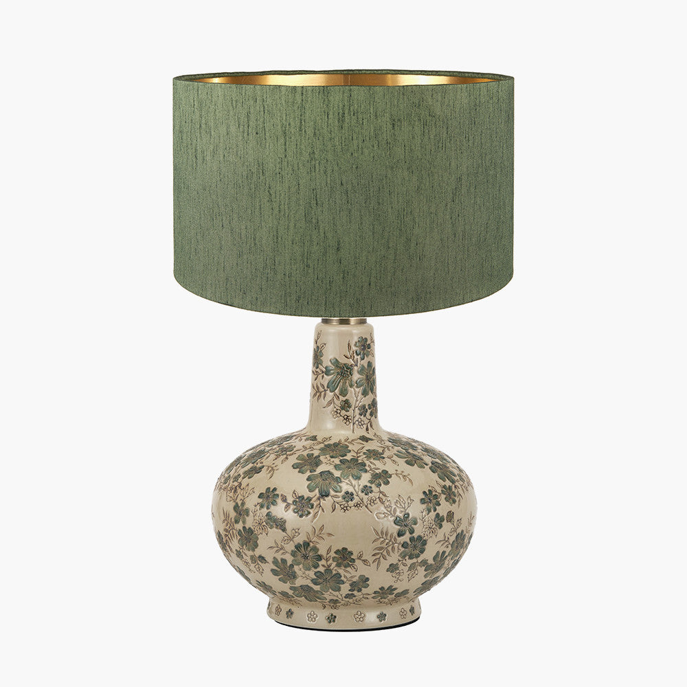 Maeve Green Floral Ceramic Table Lamp Base with Stellan 30cm Green Slubbed Silk Mix Gold Lined Cylinder Lampshade