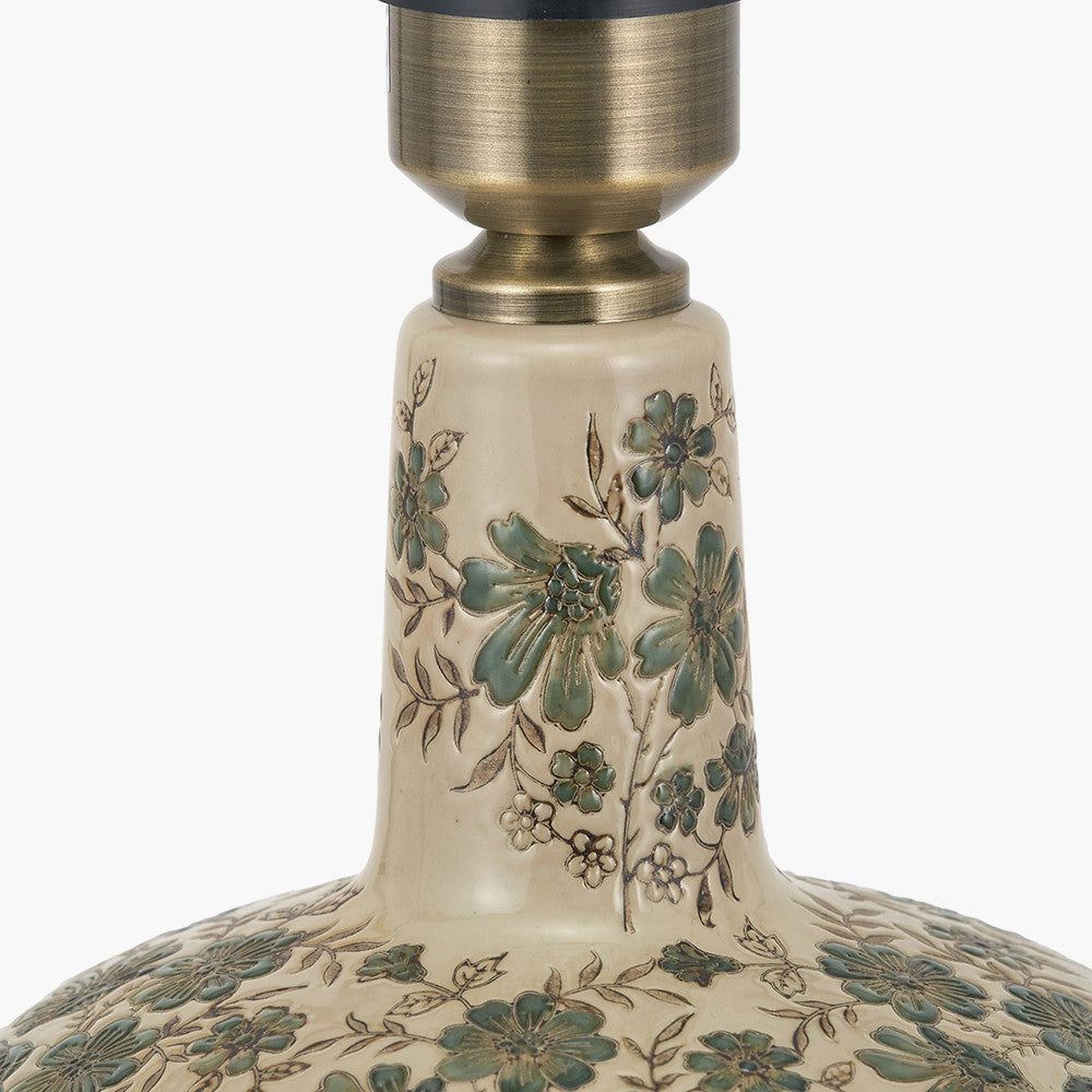 Maeve Green Floral Ceramic Table Lamp Base with Stellan 30cm Green Slubbed Silk Mix Gold Lined Cylinder Lampshade