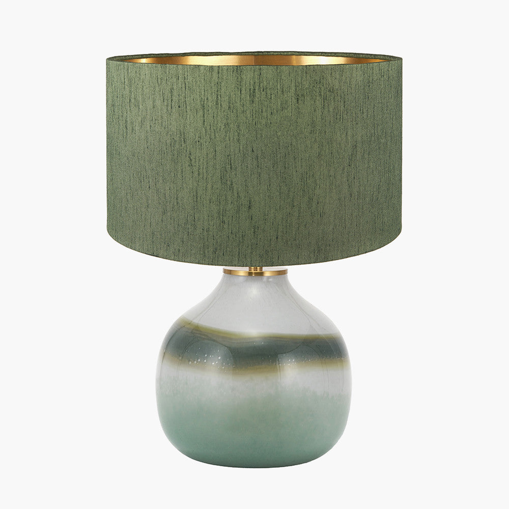 Juno Sage and Mist Ombre Glass Table Lamp with Stellan 30cm Green Slubbed Silk Mix Gold Lined Cylinder Lampshade