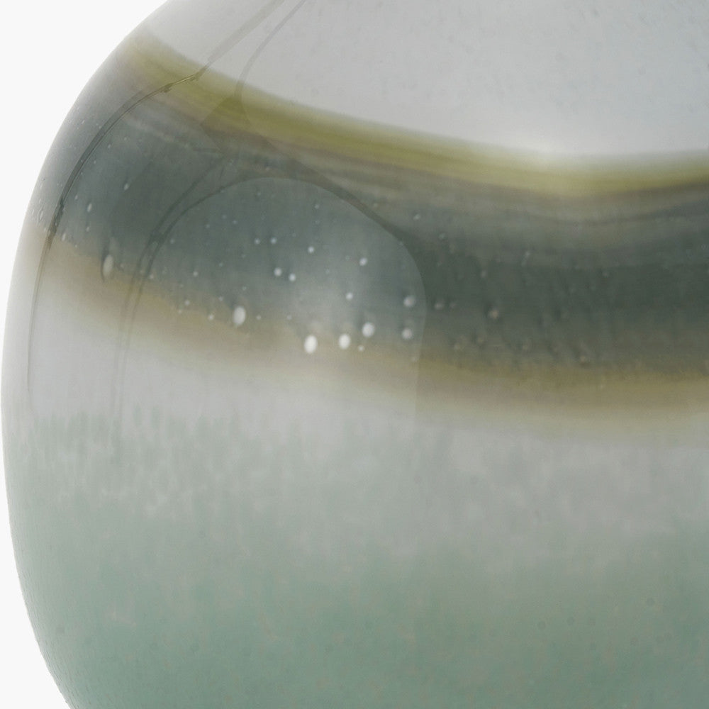 Juno Sage and Mist Ombre Glass Table Lamp with Stellan 30cm Green Slubbed Silk Mix Gold Lined Cylinder Lampshade