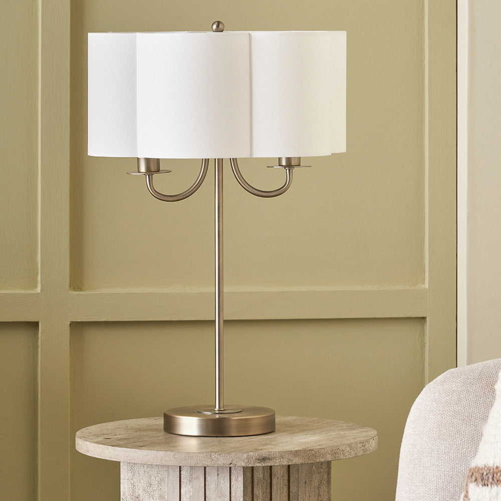 Seraphine Matt Antique Brass Metal and White Cotton Mix Scallop Shaded Table Lamp