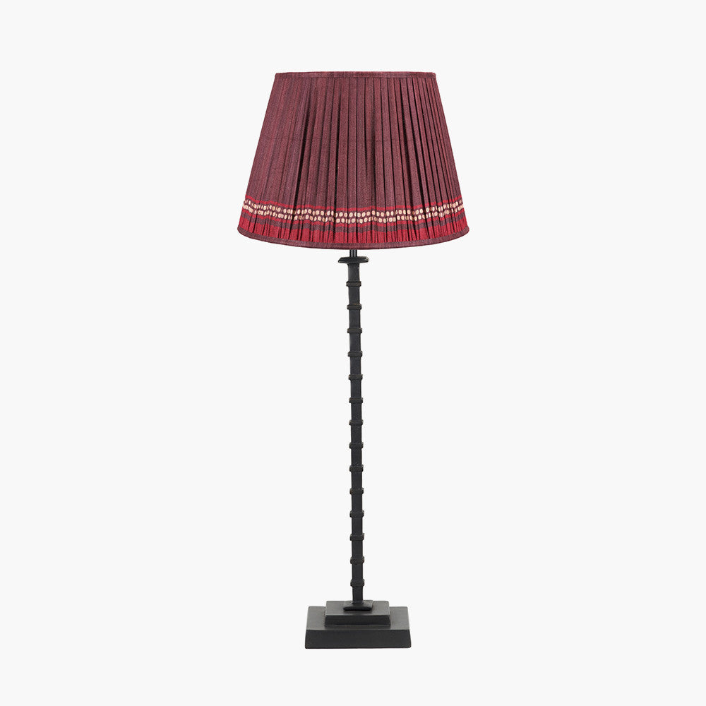 Everett Ribbed Metal Stick Table Lamp Base with Samaira 40cm Red Silk Border Print Mushroom Pleat Tapered Lampshade