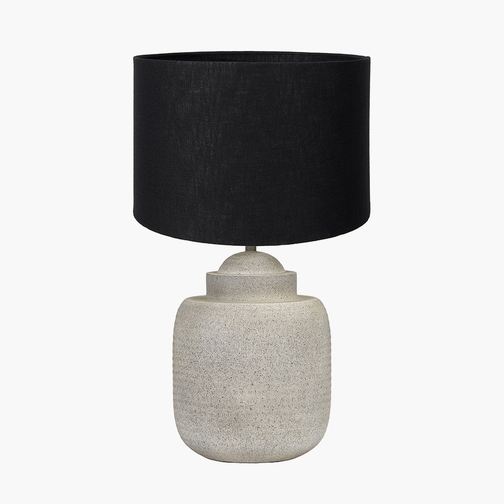 Raj Stone Grey Hammered Metal Urn Shaped Lamp Base with Lino 40cm Black Self Lined Linen Cylinder Lampshade