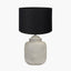 Raj Stone Grey Hammered Metal Urn Shaped Lamp Base with Lino 40cm Black Self Lined Linen Cylinder Lampshade