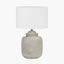 Raj Stone Grey Hammered Metal Urn Shaped Lamp Base with Lino 40cm White Self Lined Linen Cylinder Lampshade