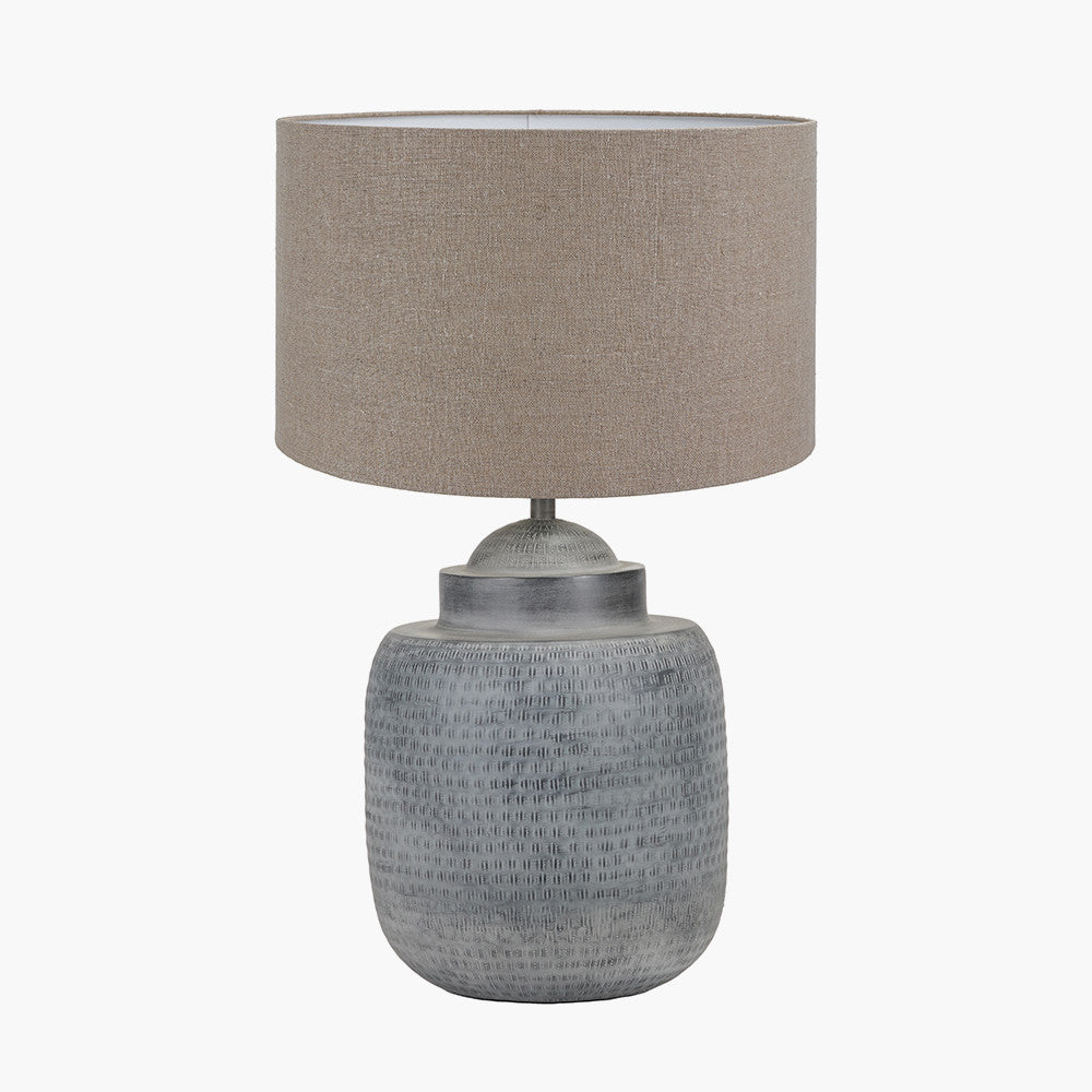 Raj Charcoal Grey Hammered Metal Urn Shaped Lamp Base with Edward 40cm Natural Linen Cylinder Lampshade