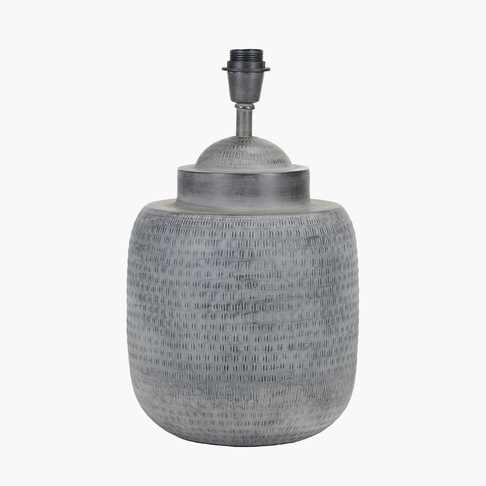 Raj Charcoal Grey Hammered Metal Urn Shaped Lamp Base with Edward 40cm Natural Linen Cylinder Lampshade