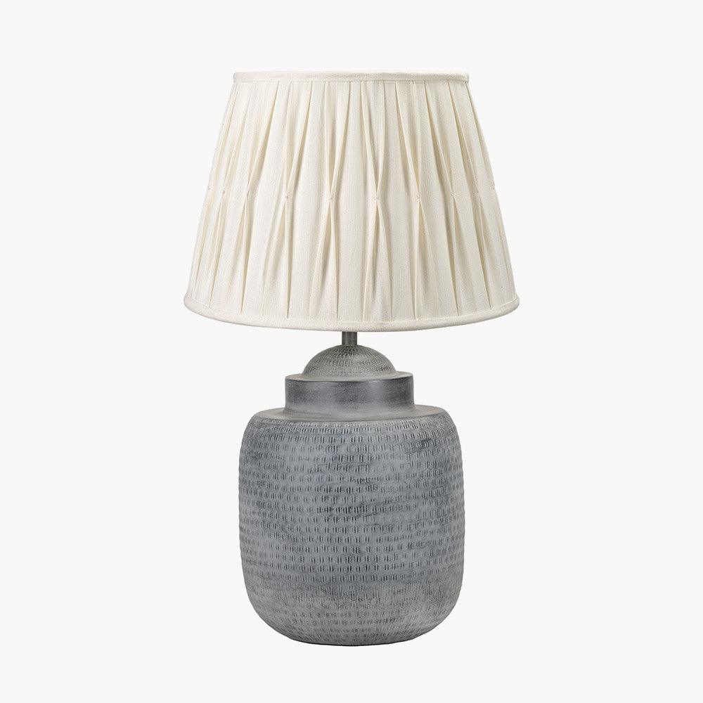 Raj Charcoal Grey Hammered Metal Urn Shaped Lamp Base with Odette 40cm White Linen Cotton Slub Pinch Pleat Tapered Lampshade