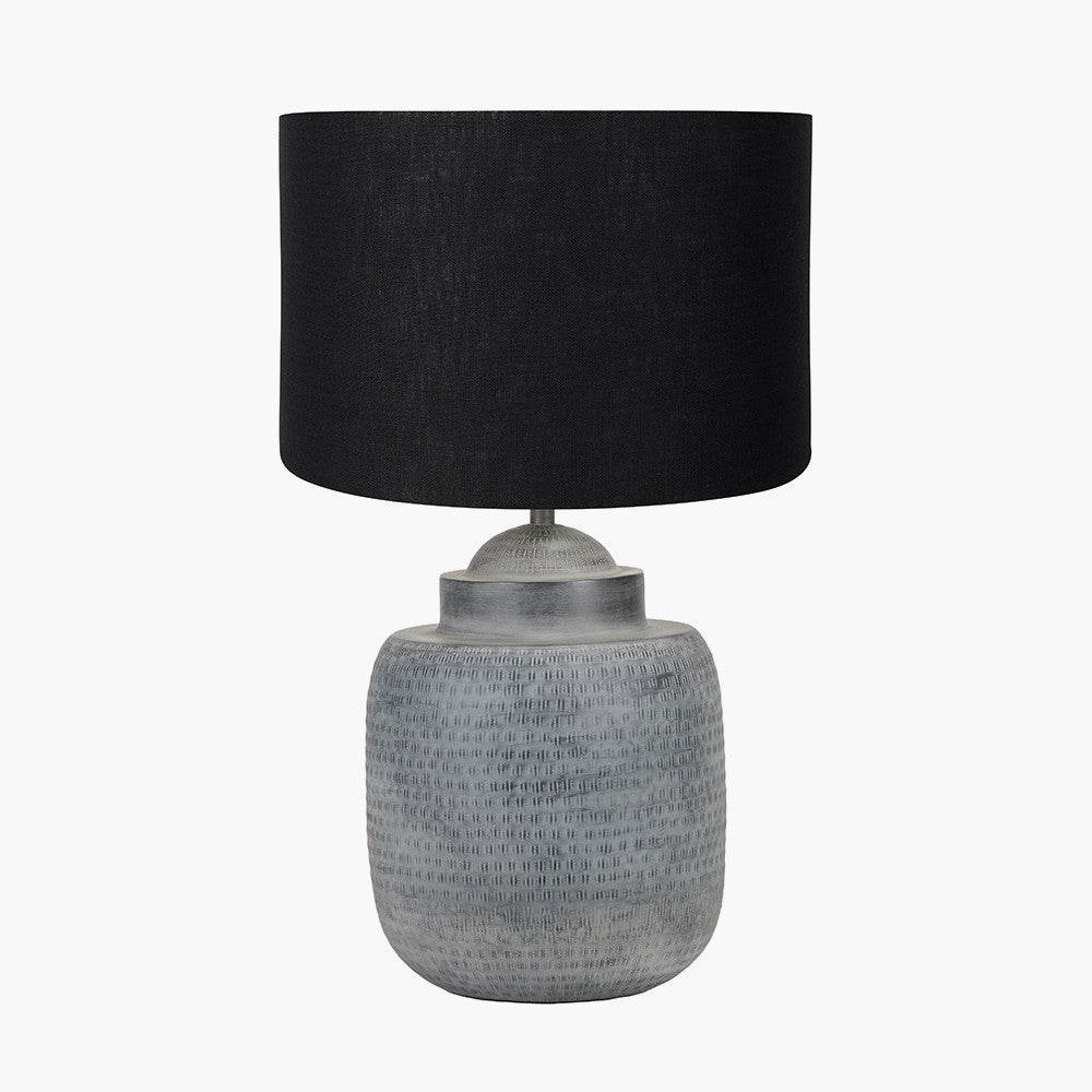 Raj Charcoal Grey Hammered Metal Urn Shaped Lamp Base with Lino 40cm Black Self Lined Linen Cylinder Lampshade