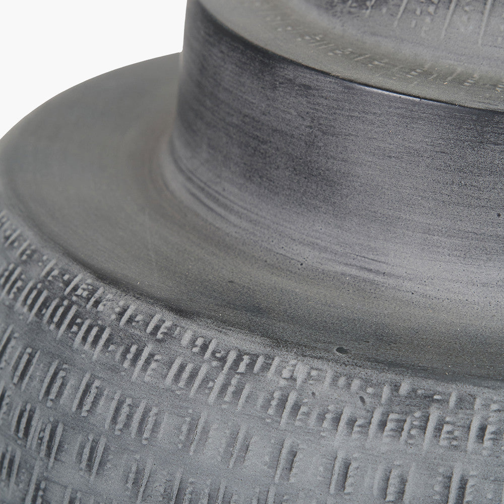 Raj Charcoal Grey Hammered Metal Urn Shaped Lamp Base with Lino 40cm Black Self Lined Linen Cylinder Lampshade