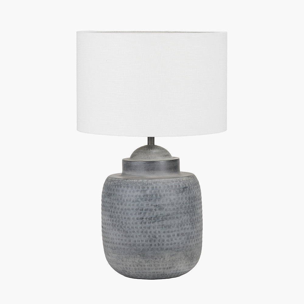 Raj Charcoal Grey Hammered Metal Urn Shaped Lamp Base with Lino 40cm White Self Lined Linen Cylinder Lampshade