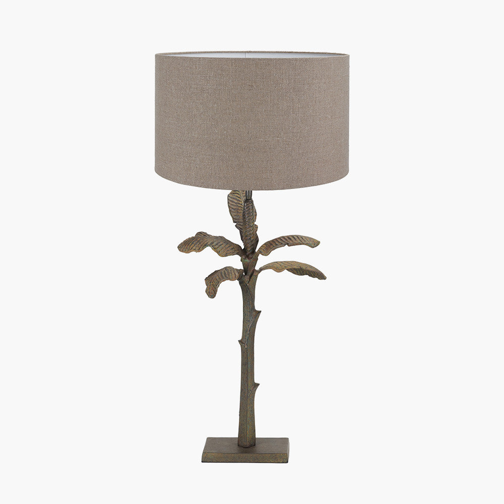 Bali Verdi Gris Metal Palm Tree Table Lamp Base with Edward 40cm Natural Linen Cylinder Lampshade