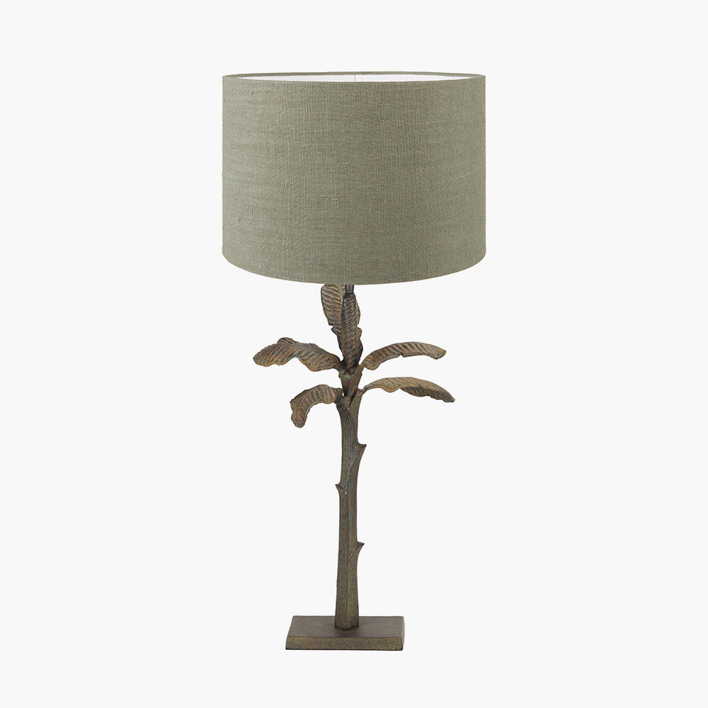 Bali Verdi Gris Metal Palm Tree Table Lamp Base with Edward 40cm Pistachio Green Linen Cylinder Lampshade