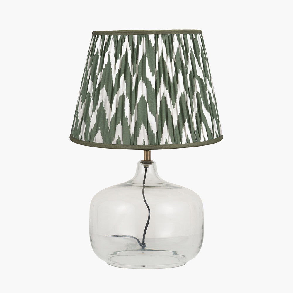 Corby Clear Glass Table Lamp Base with Kamilah 40cm Sage Chevron Pattered Mushroom Pleat Tapered Lampshade