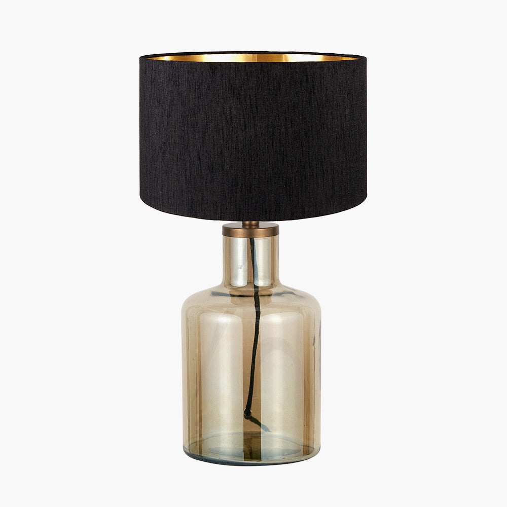 Palmo Smoke Lustre Glass Bottle Table Lamp Base with Stellan 35cm Black Slubbed Silk Mix Gold Lined Cylinder Lampshade