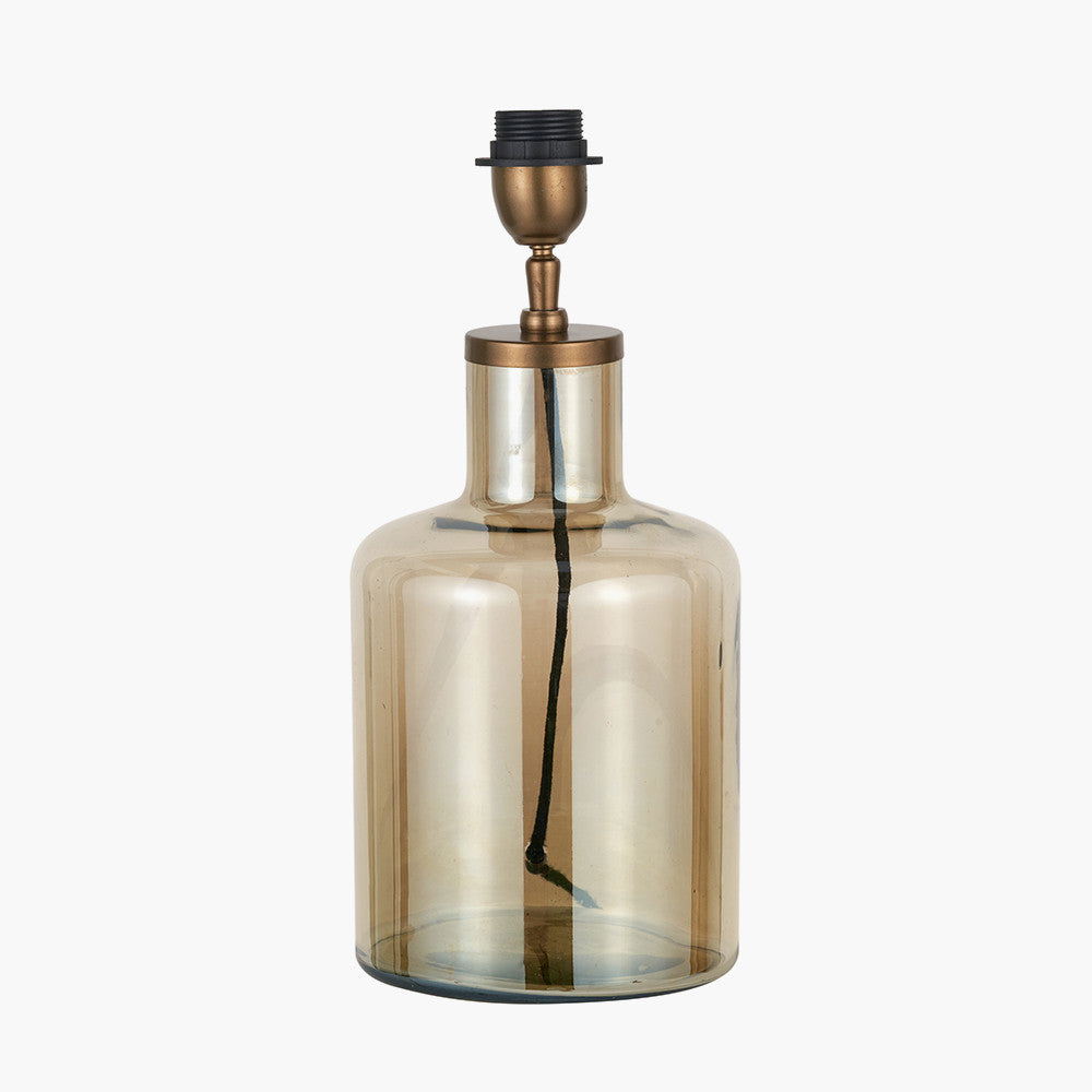 Palmo Smoke Lustre Glass Bottle Table Lamp Base with Stellan 35cm Black Slubbed Silk Mix Gold Lined Cylinder Lampshade