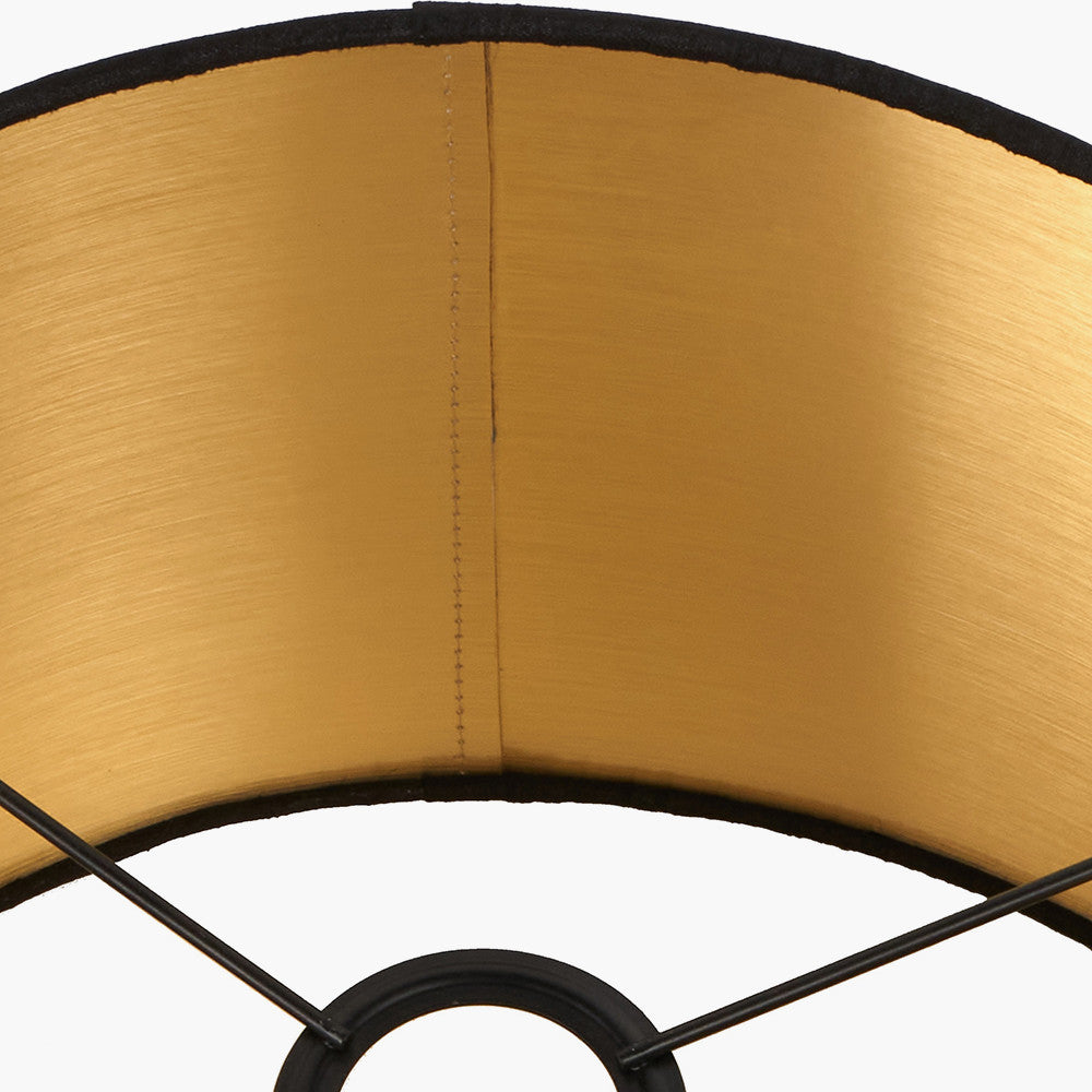 Palmo Smoke Lustre Glass Bottle Table Lamp Base with Stellan 35cm Black Slubbed Silk Mix Gold Lined Cylinder Lampshade