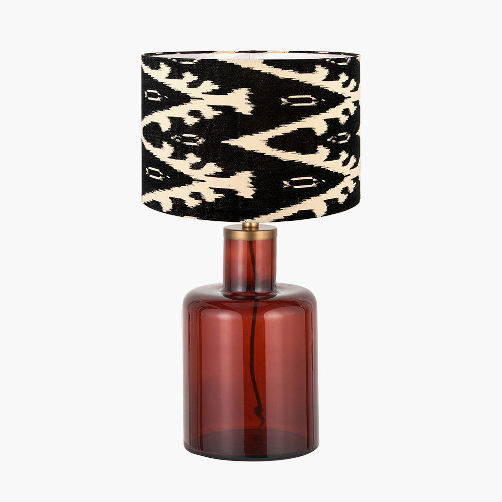 Palmo Amber Glass Bottle Table Lamp Base with Lars 35cm Black Ikat Patterned Cylinder Lampshade