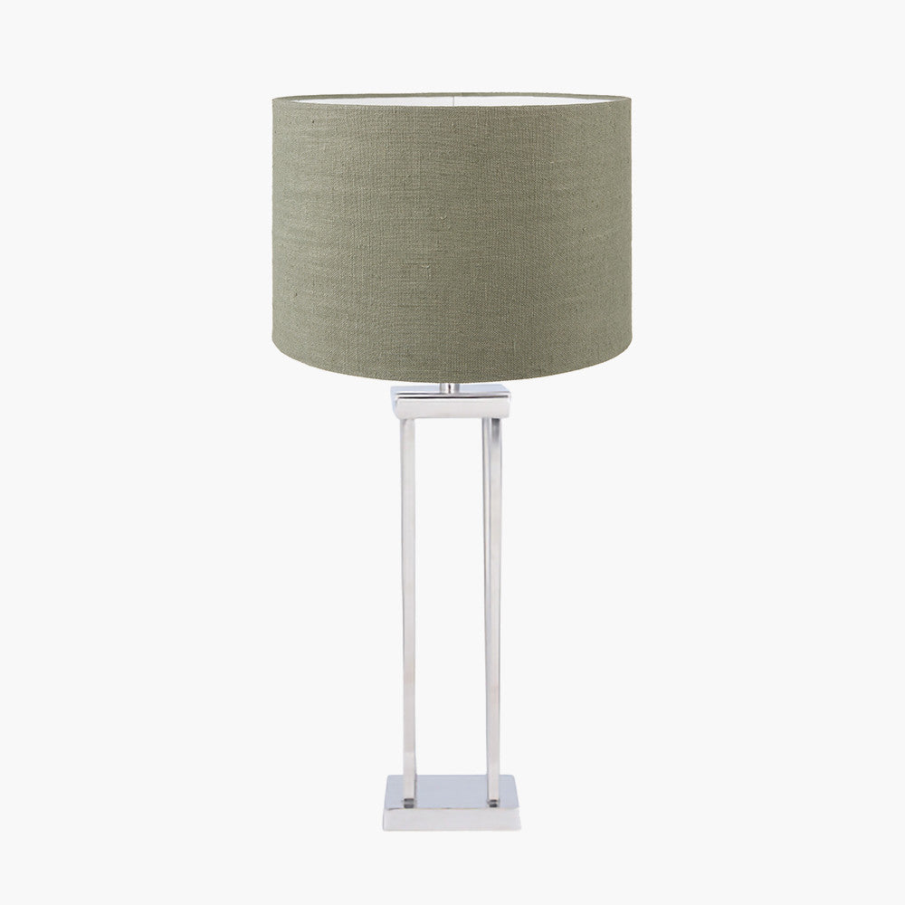 Langston Nickel Metal Column Table Lamp Base with Edward 40cm Pistachio Green Linen Cylinder Lampshade