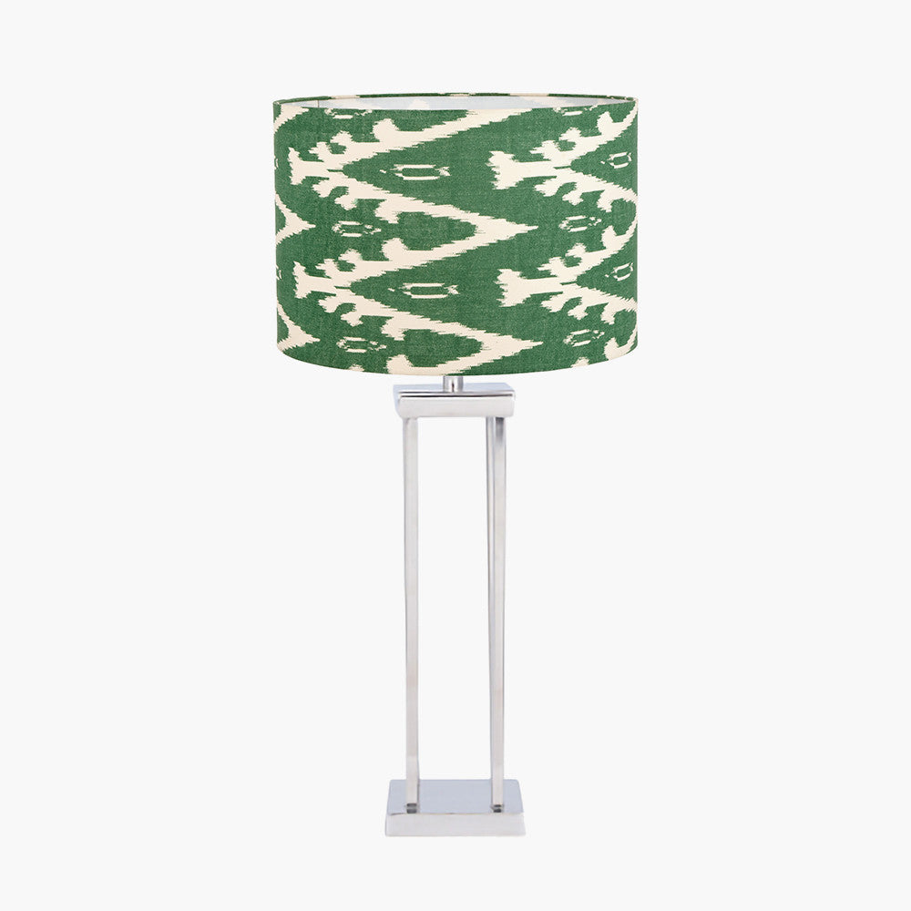 Langston Nickel Metal Column Table Lamp Base with Lars 40cm Racing Green Ikat Patterned Cylinder Lampshade