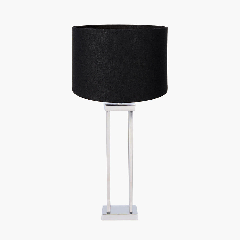 Langston Nickel Metal Column Table Lamp Base with Lino 40cm Black Self Lined Linen Cylinder Lampshade