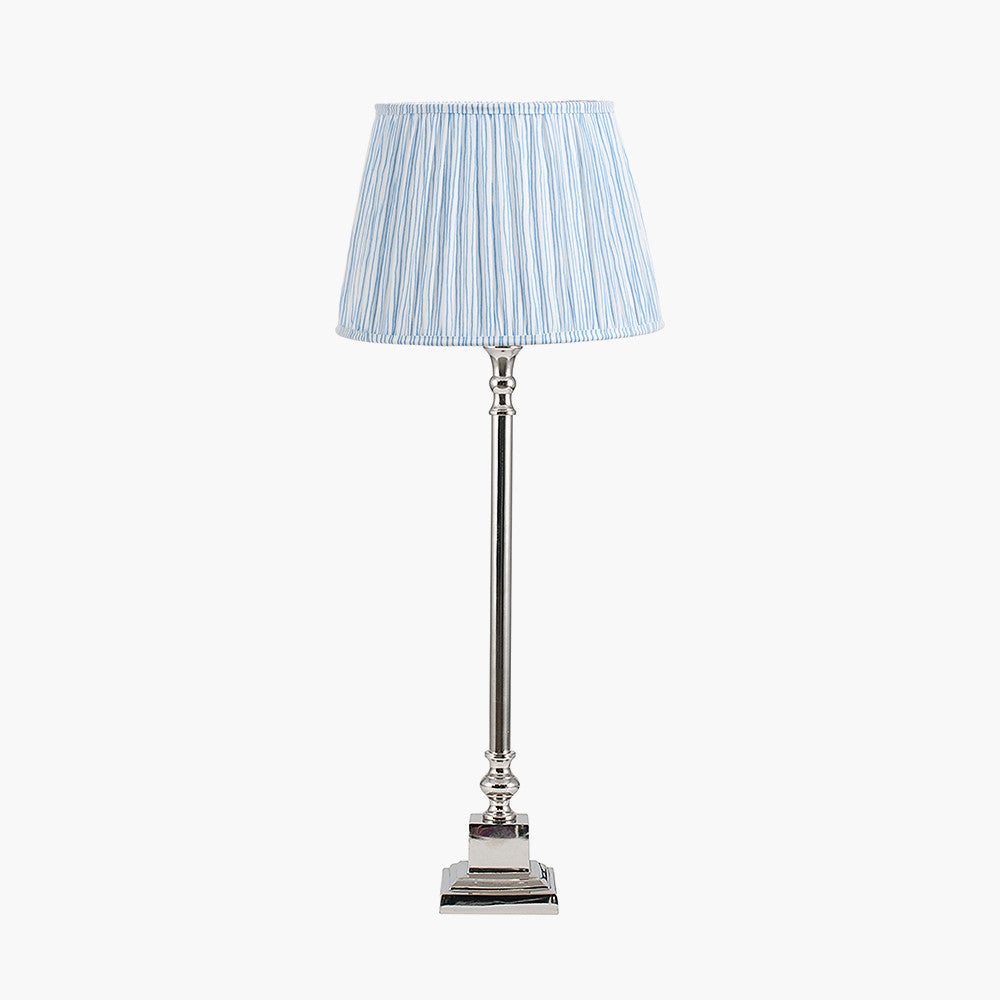 Claudius Nickel Metal Stick Table Lamp Base with Thiago 30cm Ocean Blue Stripe Mushroom Pleat Tapered Lampshade