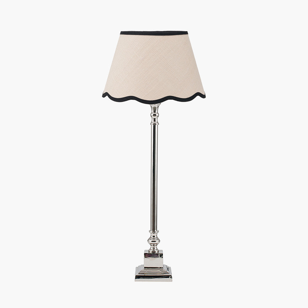 Claudius Nickel Metal Stick Table Lamp Base with Tabitha 30cm Cream Jute Scalloped Edge Tapered Lamp Shade with Contrast Binding