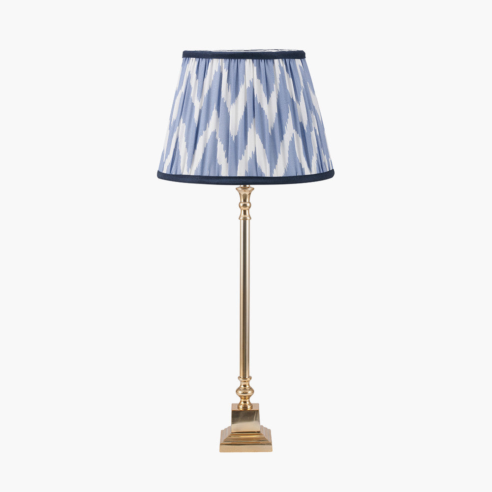 Claudius Gold Metal Stick Table Lamp Base with Kamilah 30cm Blue Chevron Patterned Mushroom Pleat Tapered Lamp Shade