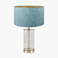 Westwood Clear Glass and Champagne Metal Table Lamp Base with Stellan 35cm Duck Egg Slubbed Silk Mix Gold Lined Cylinder Lampshade