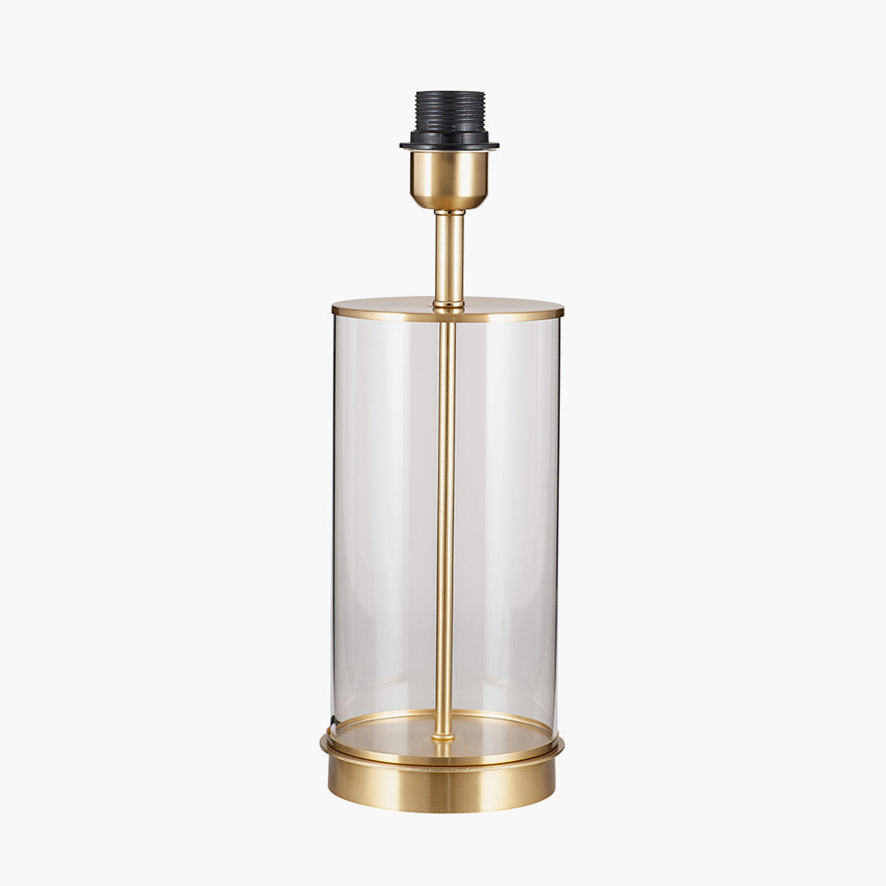 Westwood Clear Glass and Champagne Metal Table Lamp Base with Stellan 35cm Duck Egg Slubbed Silk Mix Gold Lined Cylinder Lampshade