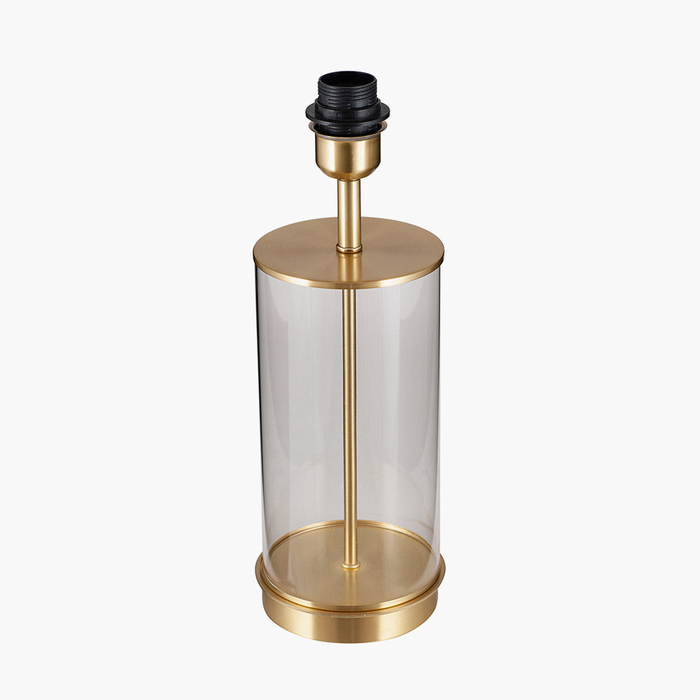 Westwood Clear Glass and Champagne Metal Table Lamp Base with Stellan 35cm Gold Slubbed Silk Mix Gold Lined Cylinder Lampshade
