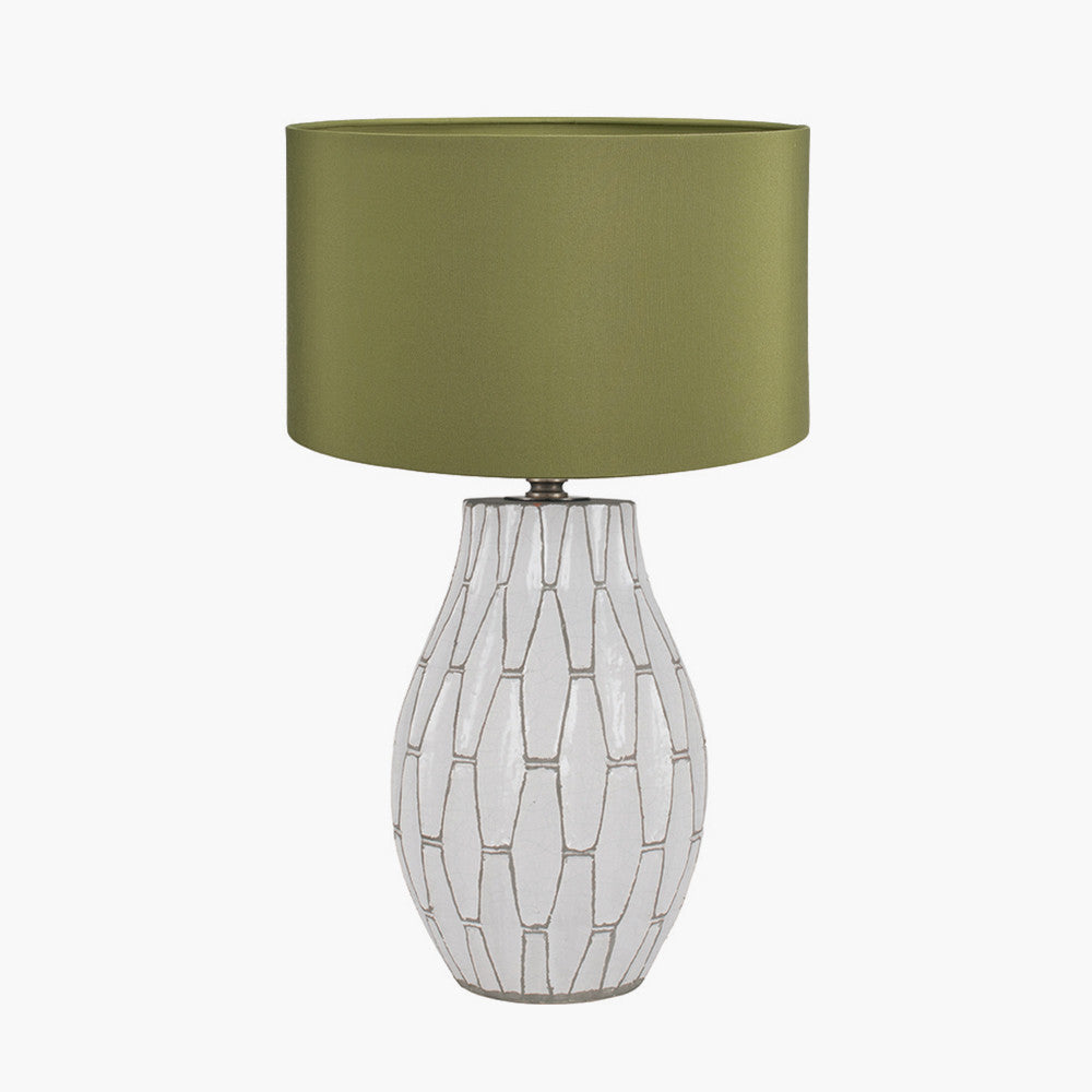 Gaudi White Stoneware Geometric Table Lamp Base with Harry 35cm Sage Cotton Mix Cylinder Lampshade