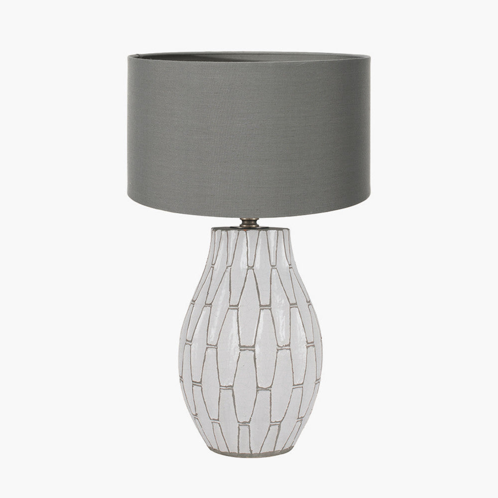 Gaudi White Stoneware Geometric Table Lamp Base with Harry 35cm Steel Grey Cotton Mix Cylinder Lampshade