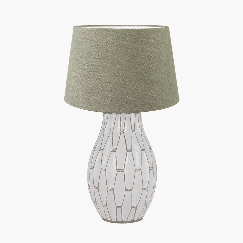 Gaudi White Stoneware Geometric Table Lamp Base with Milos 35cm Pistachio Green Linen Tapered Lampshade