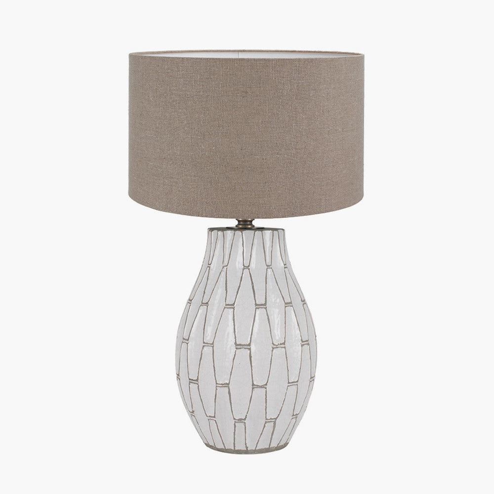 Gaudi White Stoneware Geometric Table Lamp Base with Edward 35cm Natural Linen Cylinder Lampshade